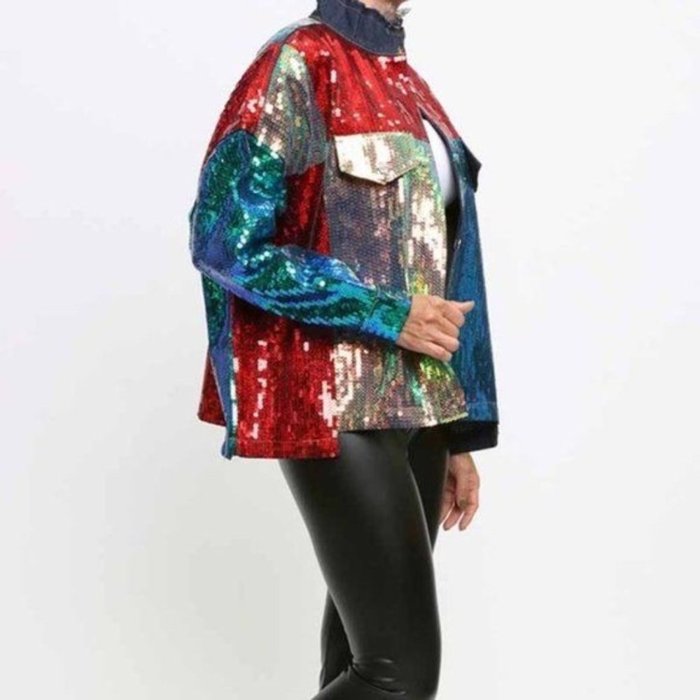Callie Lives Celebration: Multi-Color Block Sequin Denim Jean Jacket M/L/XL - Picture 10 of 12